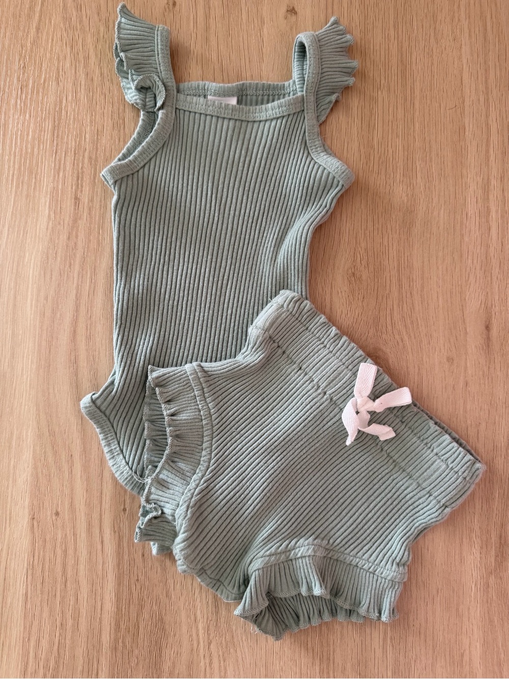 Ribbed Ruffle Tank Bodysuit and Shorts Set - Sage Green